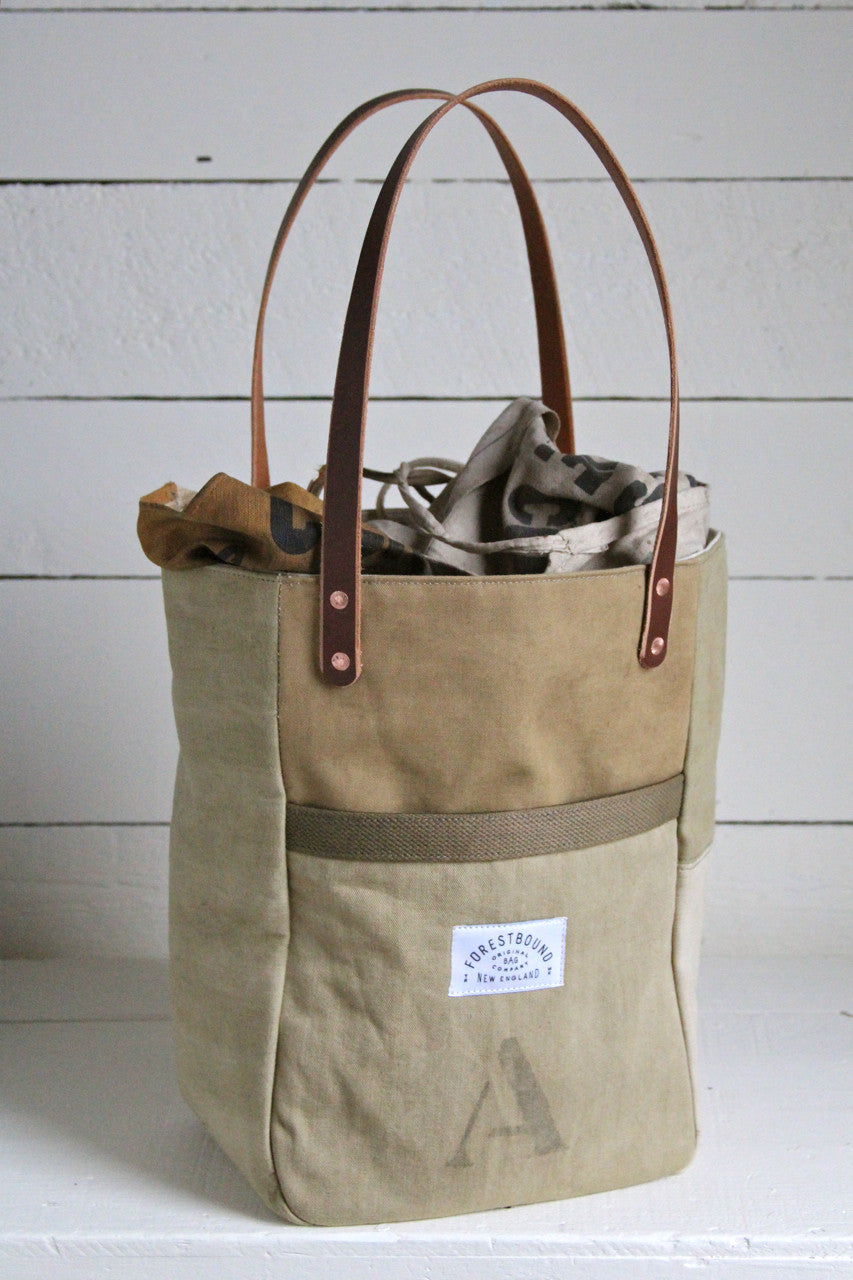 WWII era Khaki Canvas Pocket Tote Bag