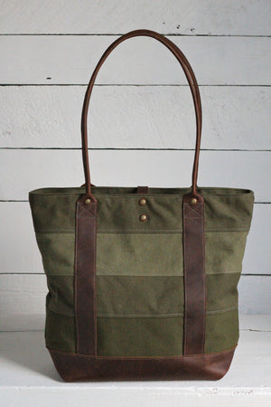 WWII era Striped Canvas and Leather Carryall