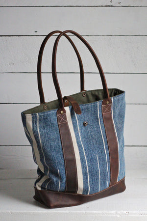 Antique Indigo Dyed Cotton and Leather Carryall