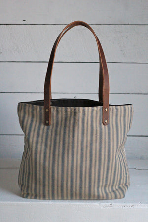 1950's era Ticking Fabric Pocket Tote Bag
