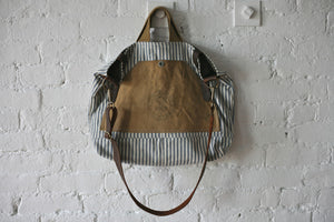 1950's era Ticking Fabric & Canvas Carryall