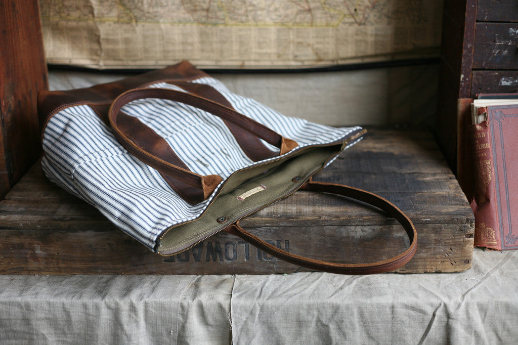WWII era Ticking Fabric Zip-Top Carryall - SOLD
