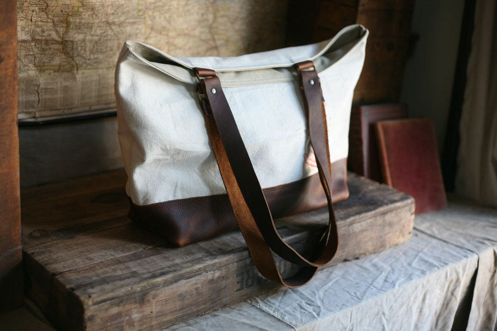 1940's Era Cotton & Canvas Leather Bottomed Carryall - SOLD