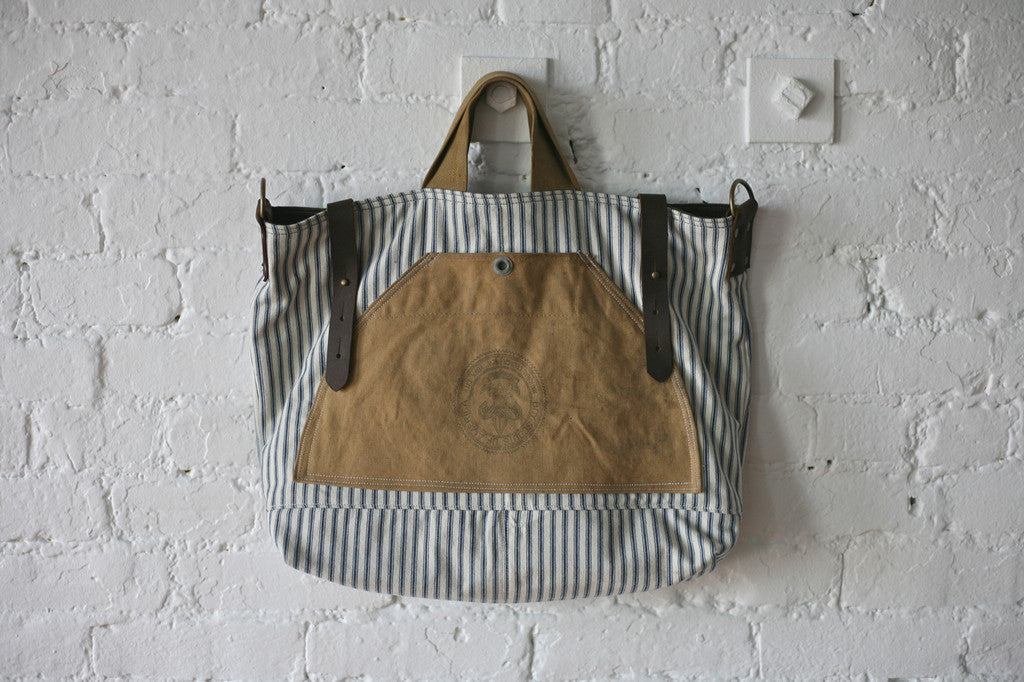 1950's era Ticking Fabric & Canvas Carryall