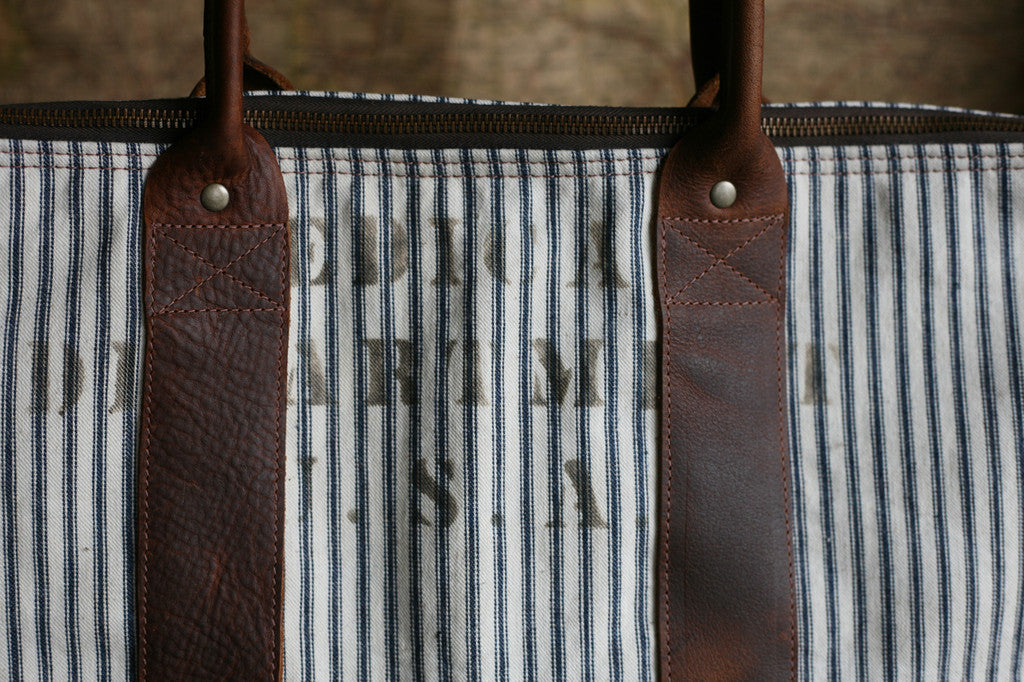 WWII era Ticking Fabric Zip-Top Carryall - SOLD