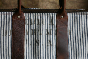 WWII era Ticking Fabric Zip-Top Carryall - SOLD
