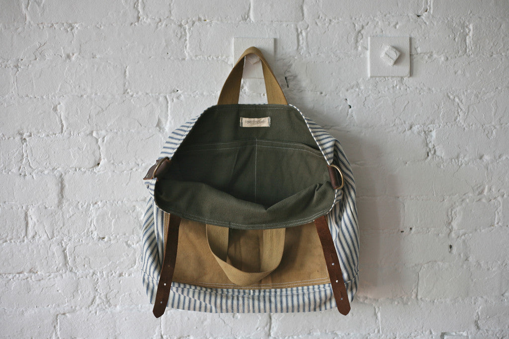 1950's era Ticking Fabric & Canvas Carryall
