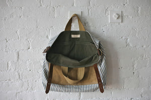 1950's era Ticking Fabric & Canvas Carryall