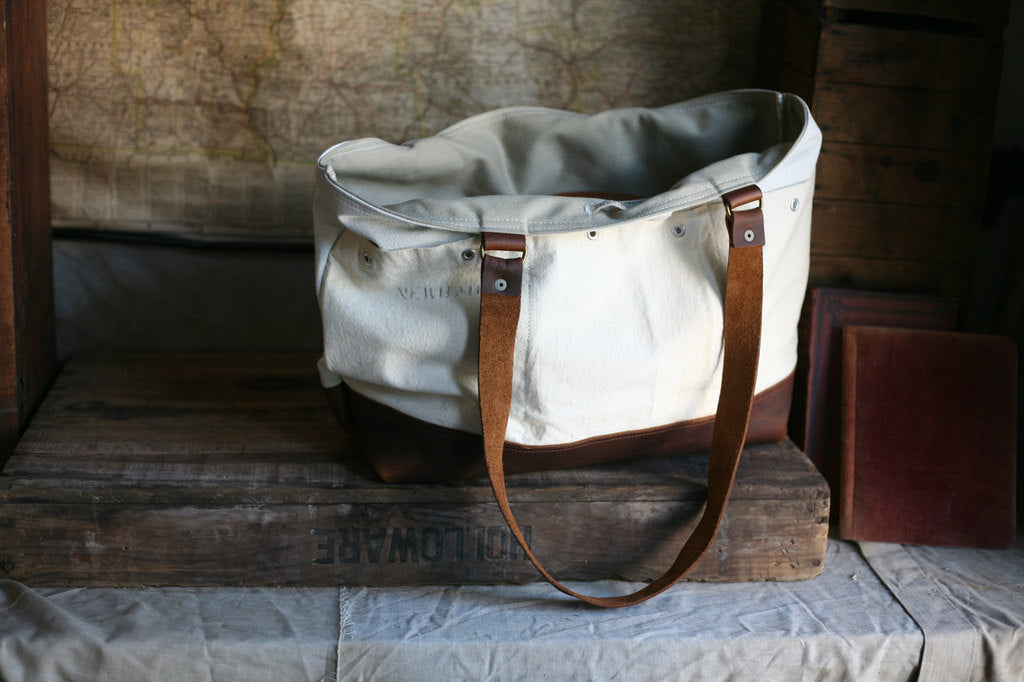 1940's Era Cotton & Canvas Leather Bottomed Carryall - SOLD
