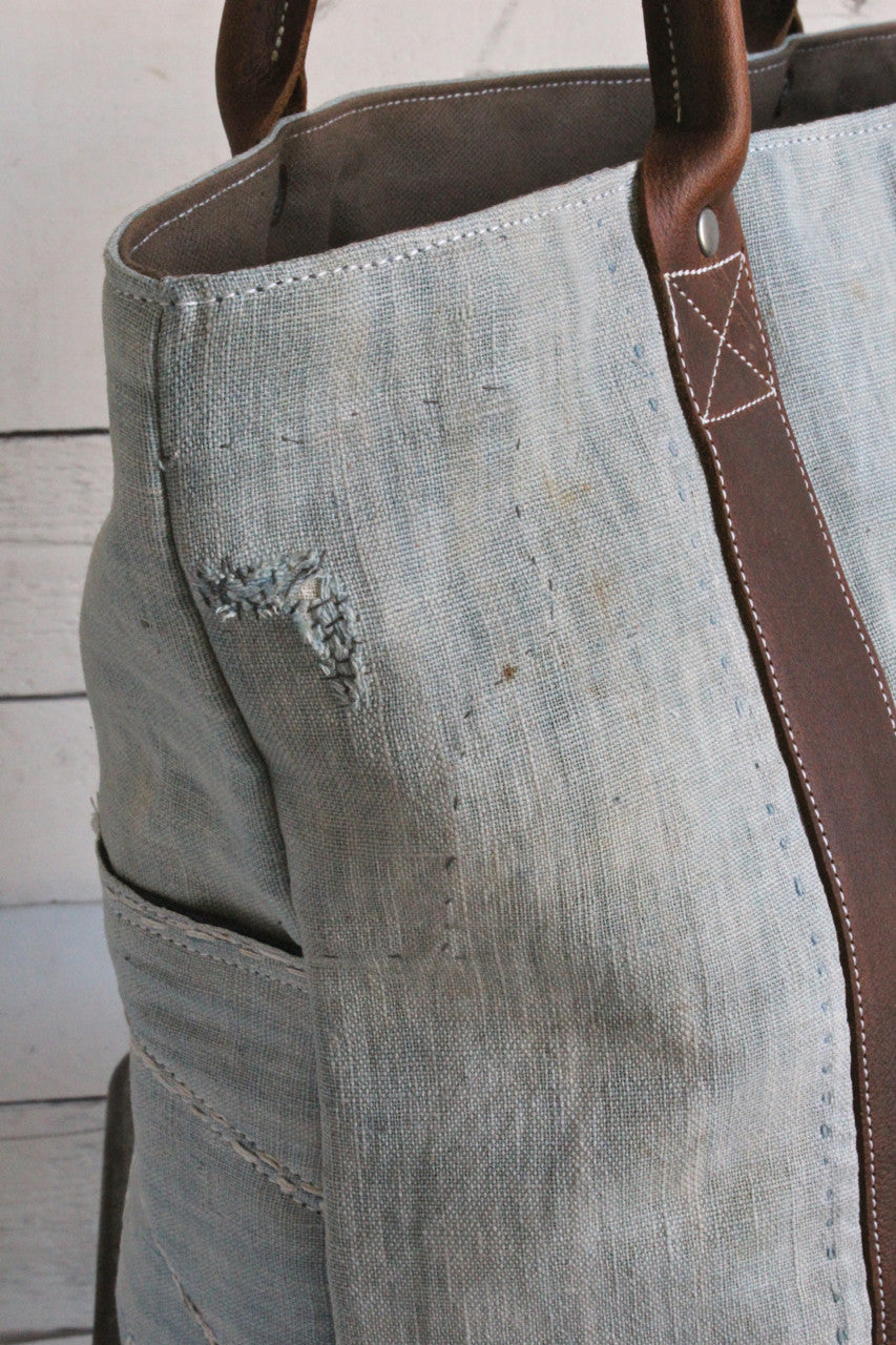 Mid 19th Century Indigo Dyed Cotton Boro Carryall