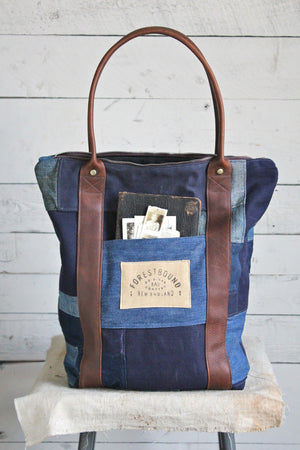 1940's era Pieced Denim & Canvas Zip-Top Carryall