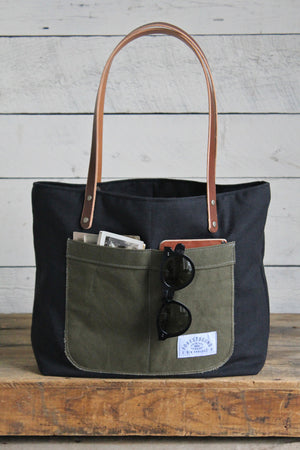 Recycled Black Cotton Pocket Tote Bag
