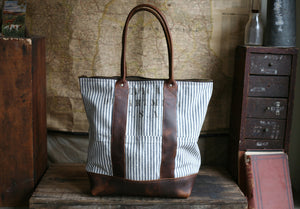 WWII era Ticking Fabric Zip-Top Carryall - SOLD