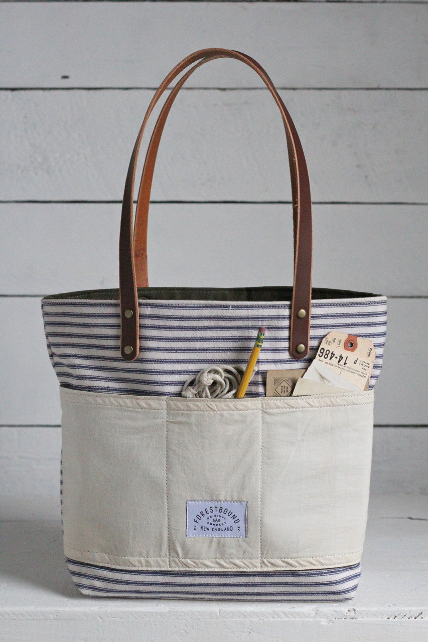 1950's era Ticking Fabric Pocket Tote Bag