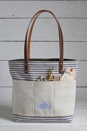 1950's era Ticking Fabric Pocket Tote Bag