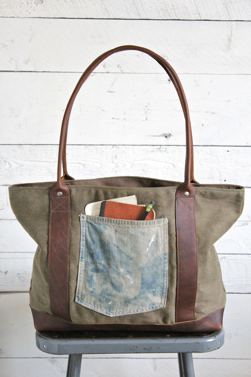 World War 1 era Canvas Carryall with 1920's era Denim Apron Pocket