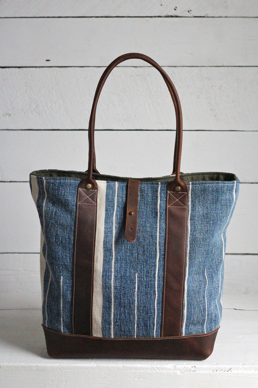 Antique Indigo Dyed Cotton and Leather Carryall