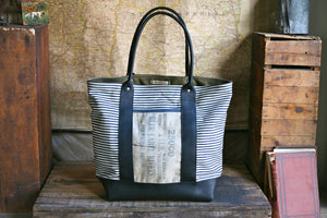 1950's era Ticking Fabric & Leather Carryall - SOLD