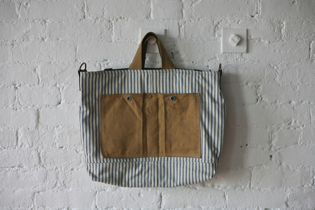 1950's era Ticking Fabric & Canvas Carryall