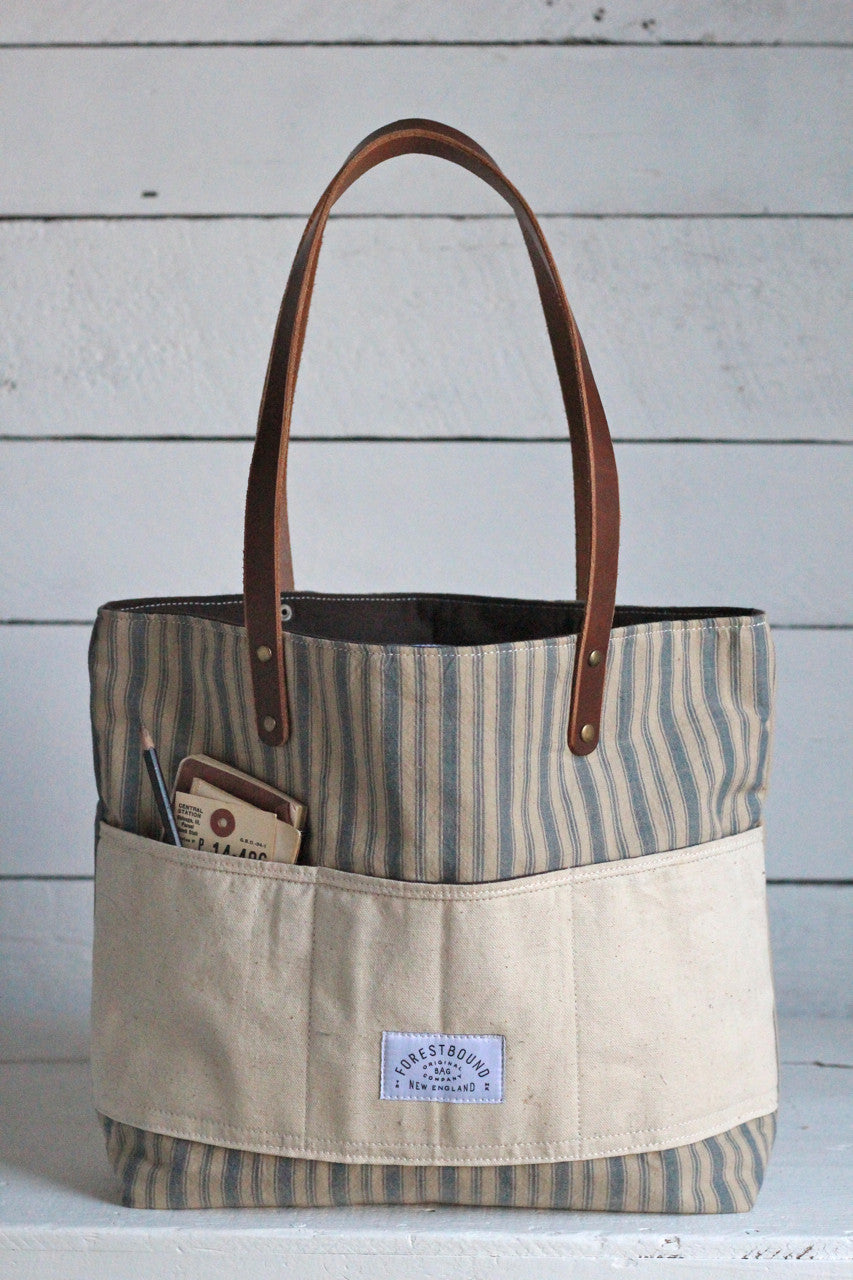 1950's era Ticking Fabric Pocket Tote Bag