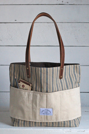 1950's era Ticking Fabric Pocket Tote Bag