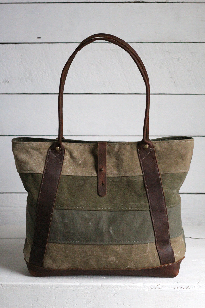 WWII era Striped Canvas and Leather Carryall